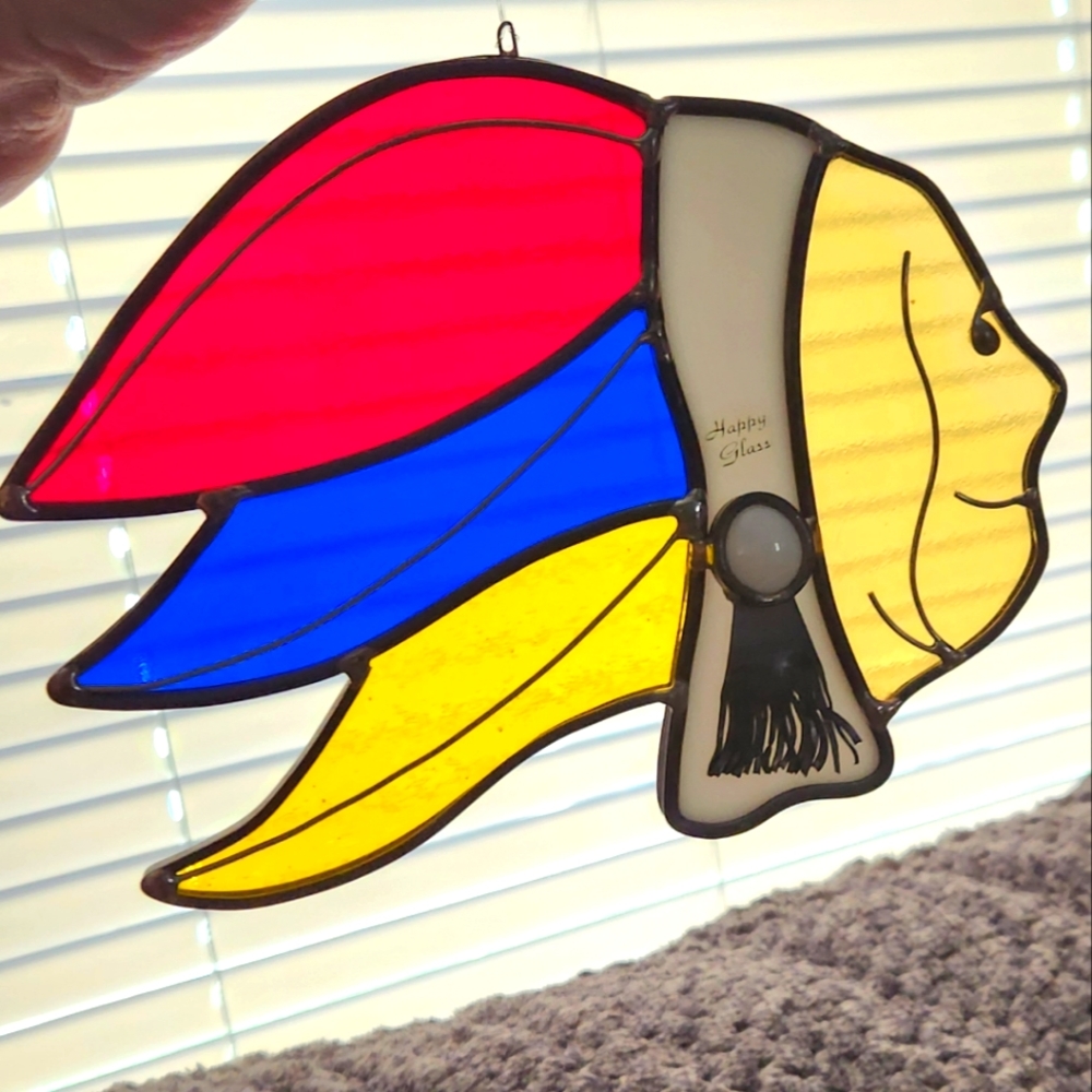 Vintage signed Happy Glass Indian head stained glass. Beautiful vibrant colors